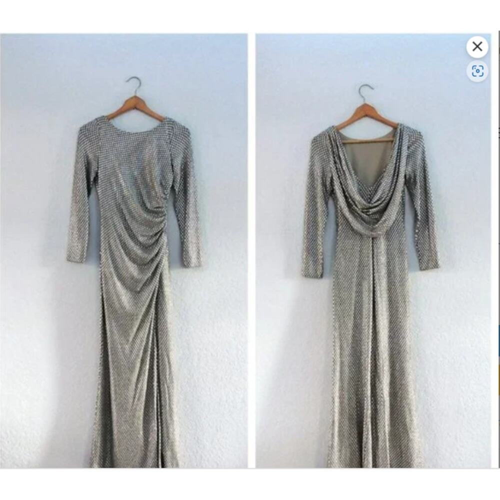 Eliza J Women's Sz 10 Silver Champagne Metallic Long Sleeve Draped Back Rushed.